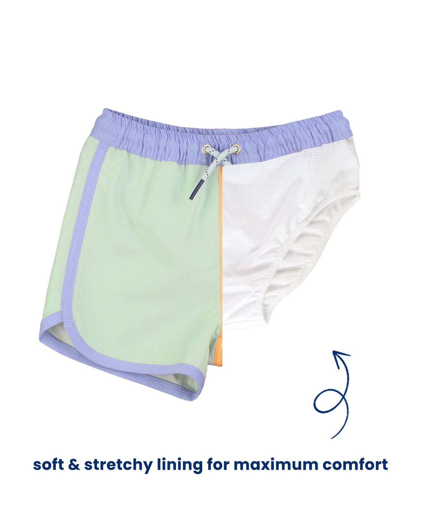 Periwinkle, Frost Green, and Ginger Color Block Dolphin Hem Swim Trunks