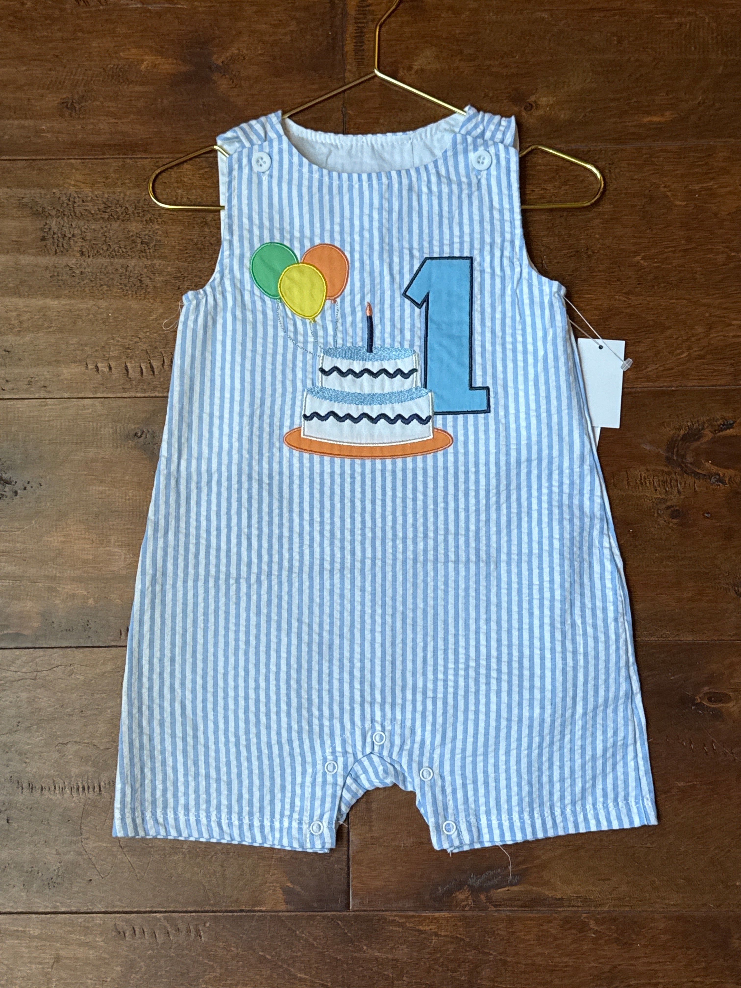 Blue Gingham ONE Applique JonJon 18m
