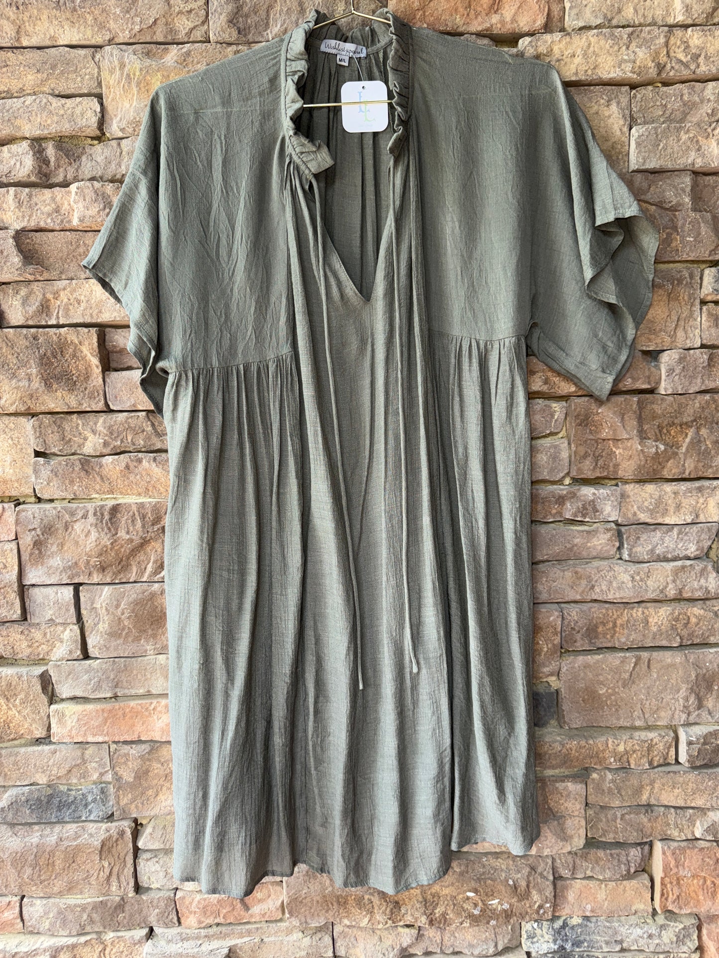 Ruffle Collar Olive Green Dress M/L