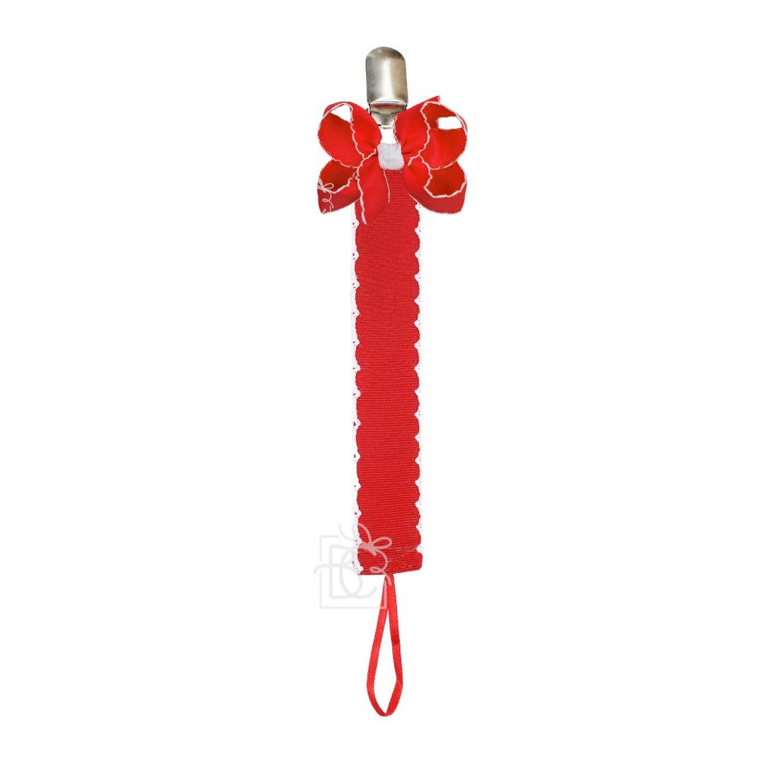 Crochet Edge Grosgrain Pacifier Clip w/ Detachable Bow: White w/ Millennium Blue Crochet Edge