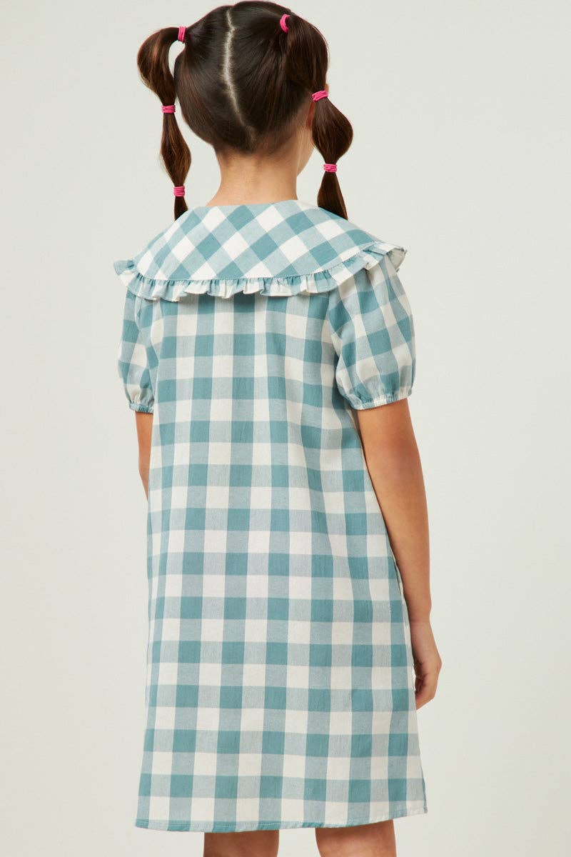 Girls Ruffled Bib Collar Checkered Dress: Aqua