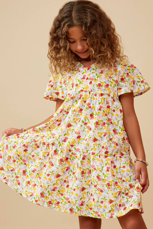 Girls Ditsy Floral V Neck Flutter Sleeve Dress: Off White