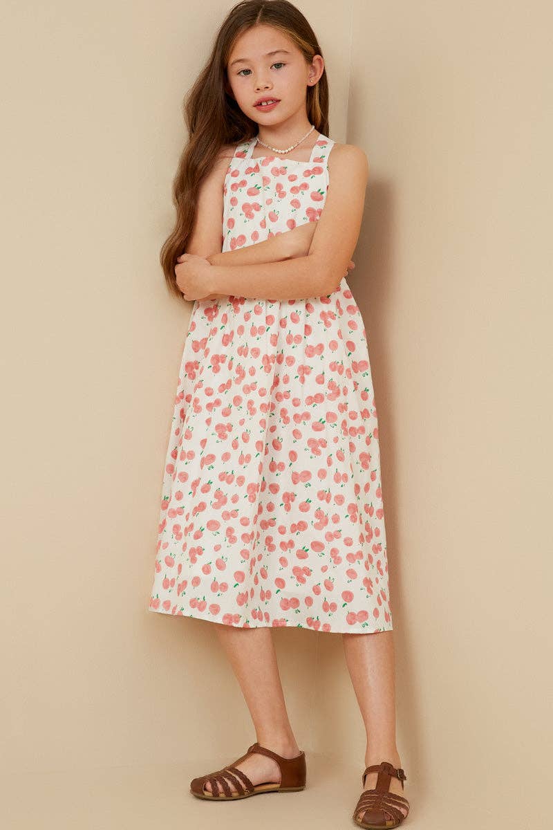 Girls Cherry Print Poplin Cross Back Dress: Pink