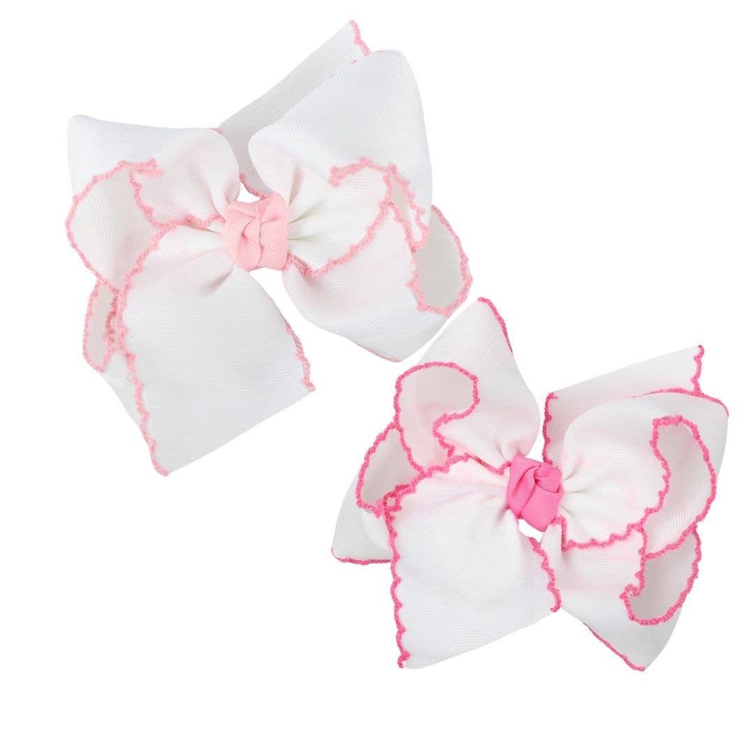 CROCHET EDGE BOWS: White w/ Light Orchid Crochet Edge / 3.5" Medium - 7/8" Ribbon on Alligator Clip