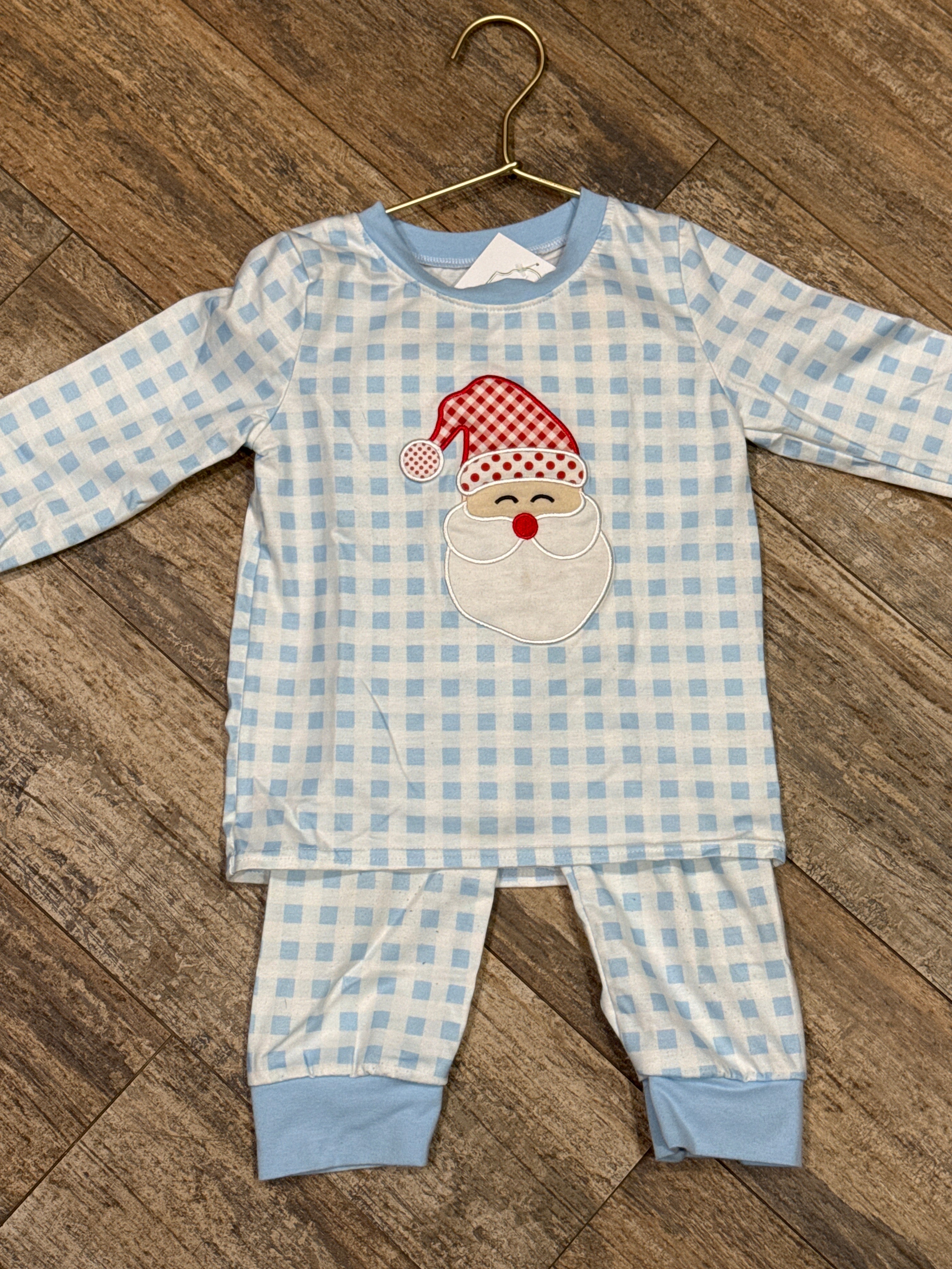 Blue Gingham Santa Applique Set 2T