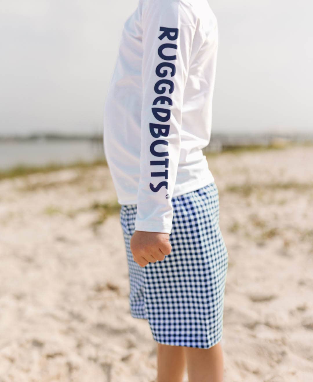 Navy Gingham Swim Trunks