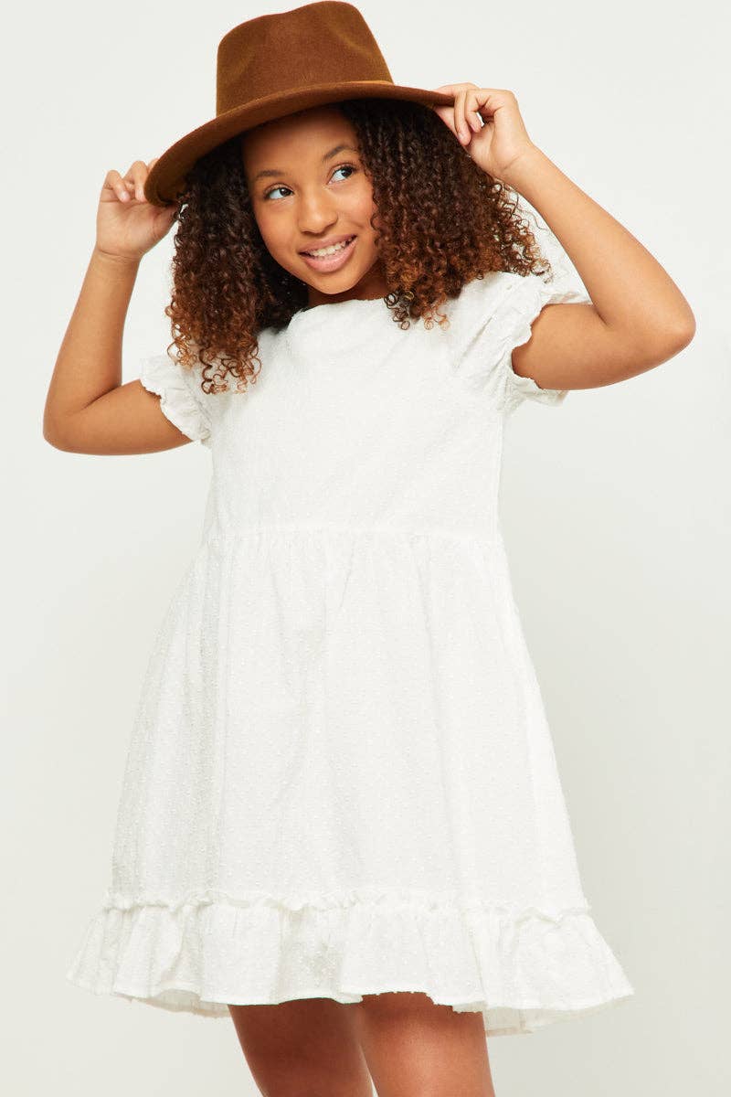 Girls Ruffle Tiered Cinch Sleeve Swiss Dot Dress