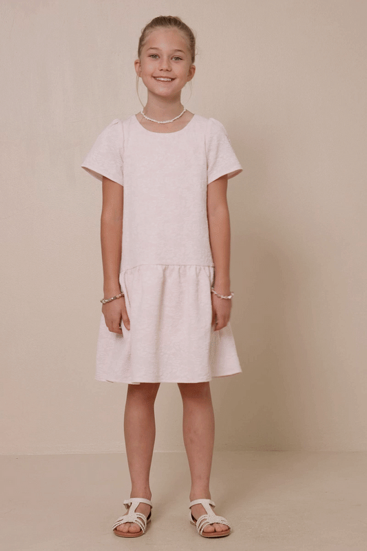 Girls Floral Textured Cap Sleeve Dress: Pink