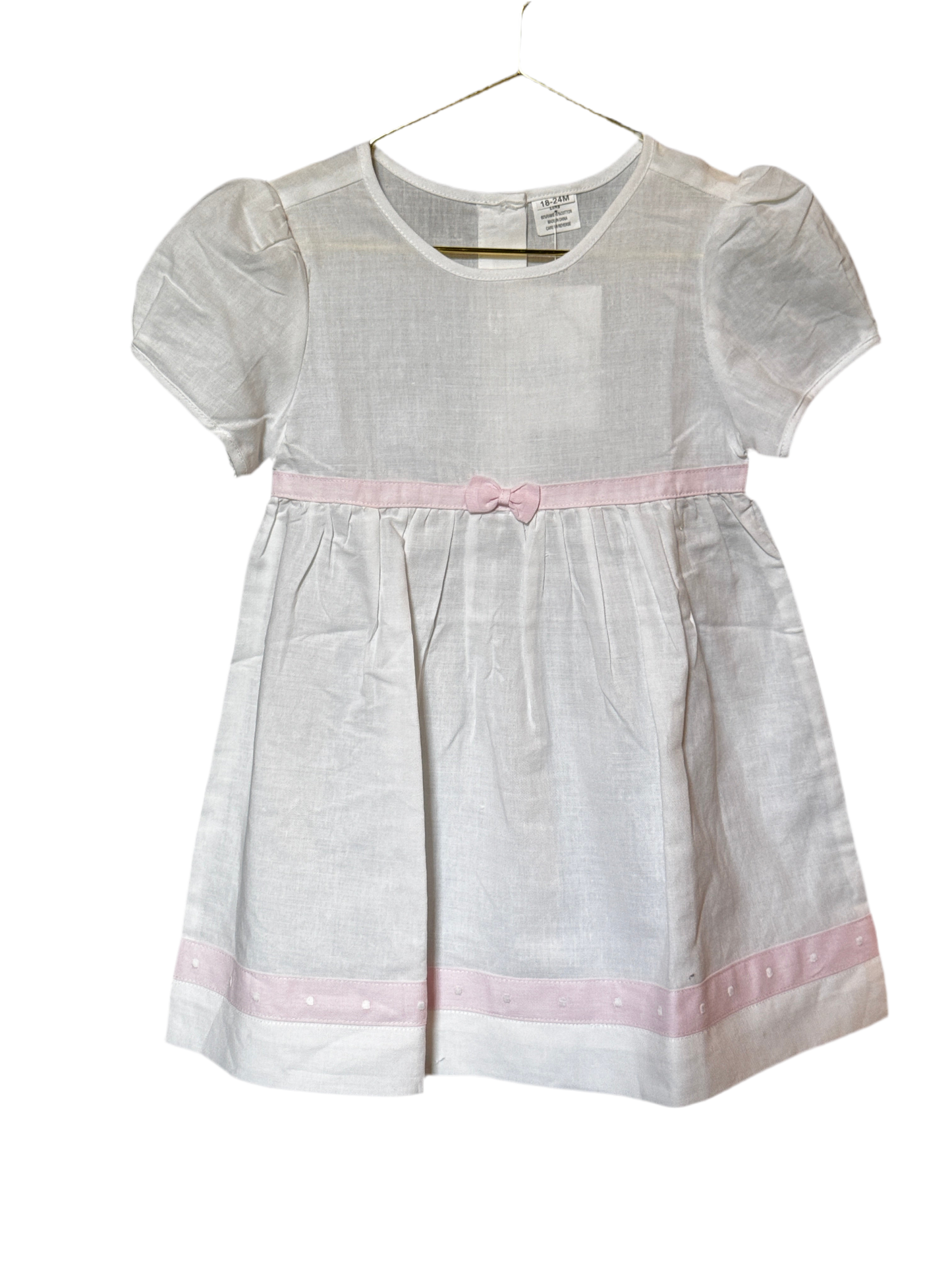White Linen Dress with Pink Bow 18-24m