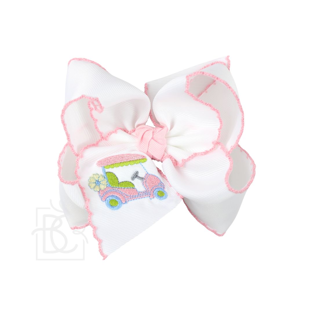 Crochet Edge Embroidered Bow - Golf Cart/Light Pink