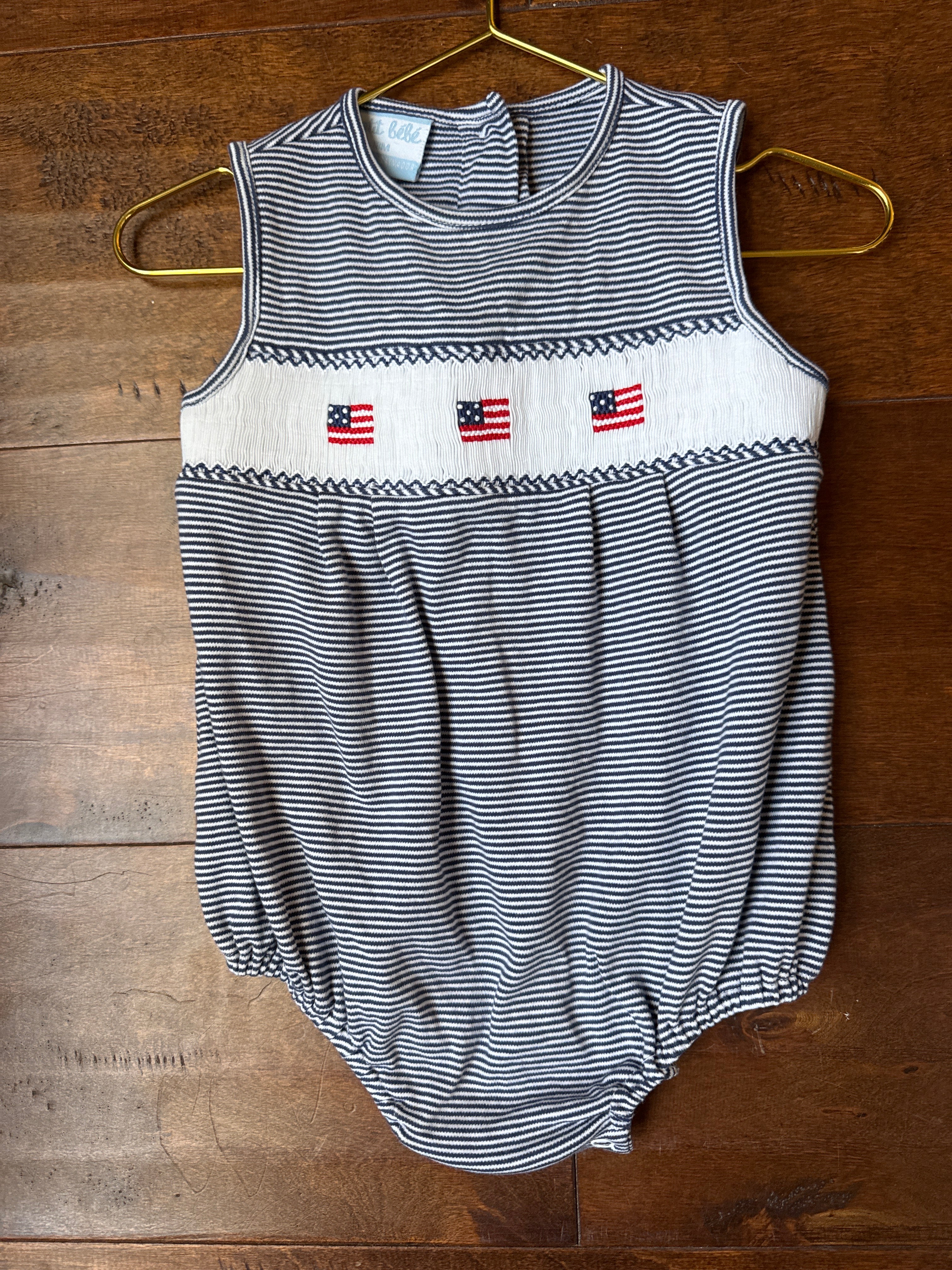 Petit Bebe American Flag Smocked Bubble 12m