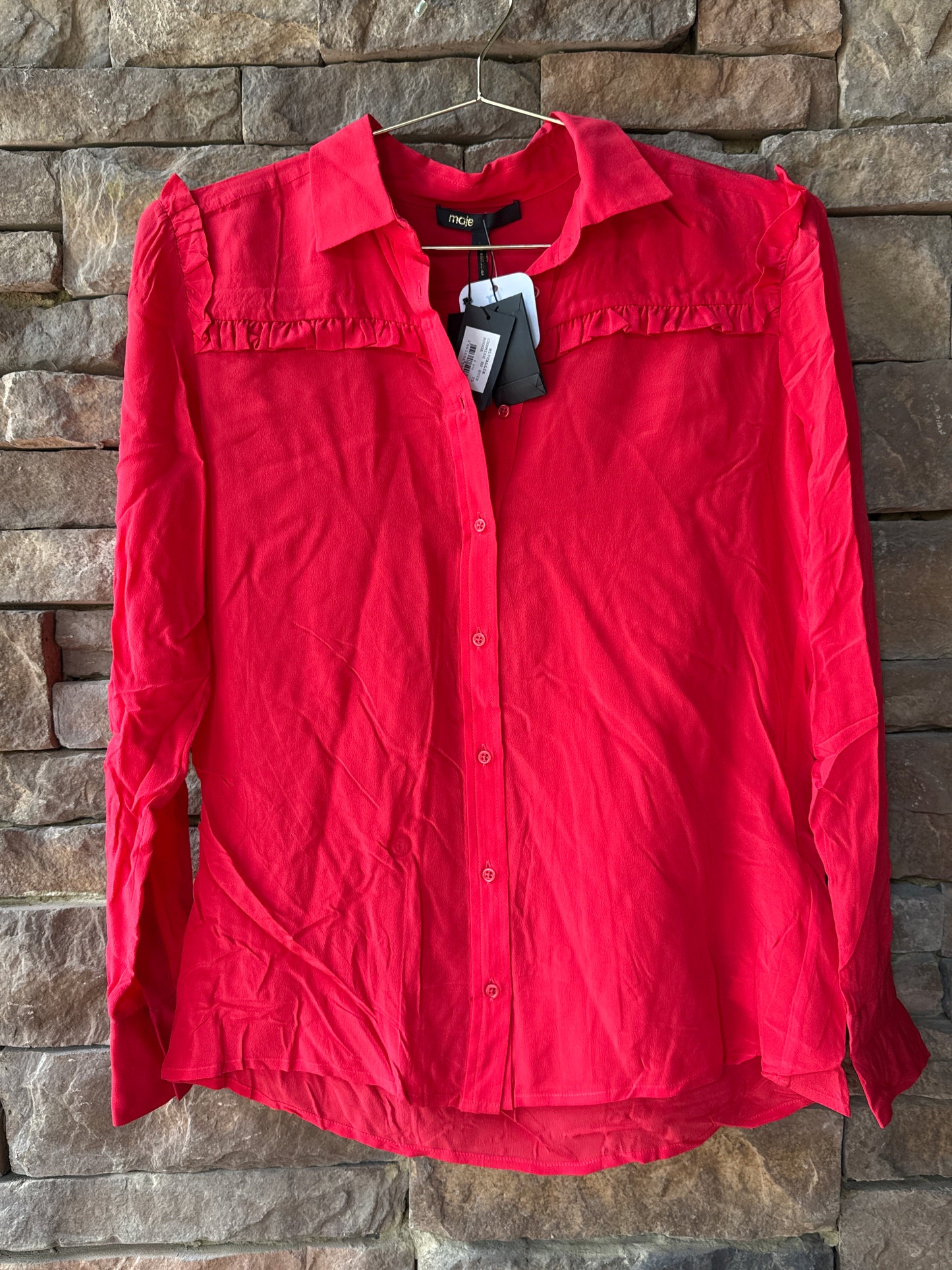 Maje Red 100% Satin Callie Blouse Ruffle Long Sleeve Size 1 XS