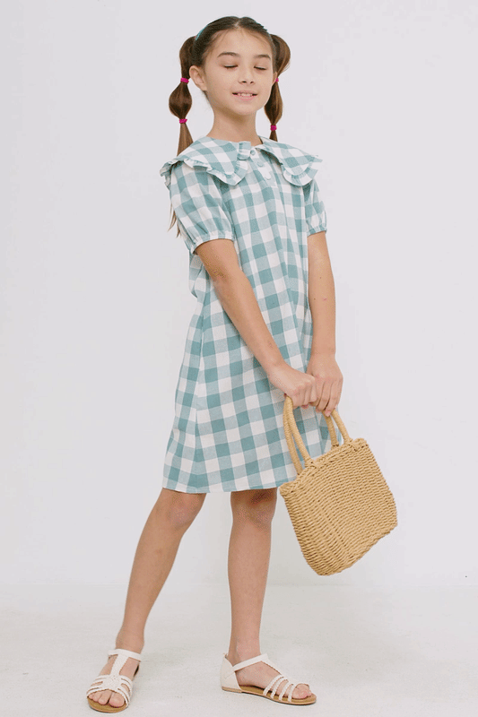 Girls Ruffled Bib Collar Checkered Dress: Aqua