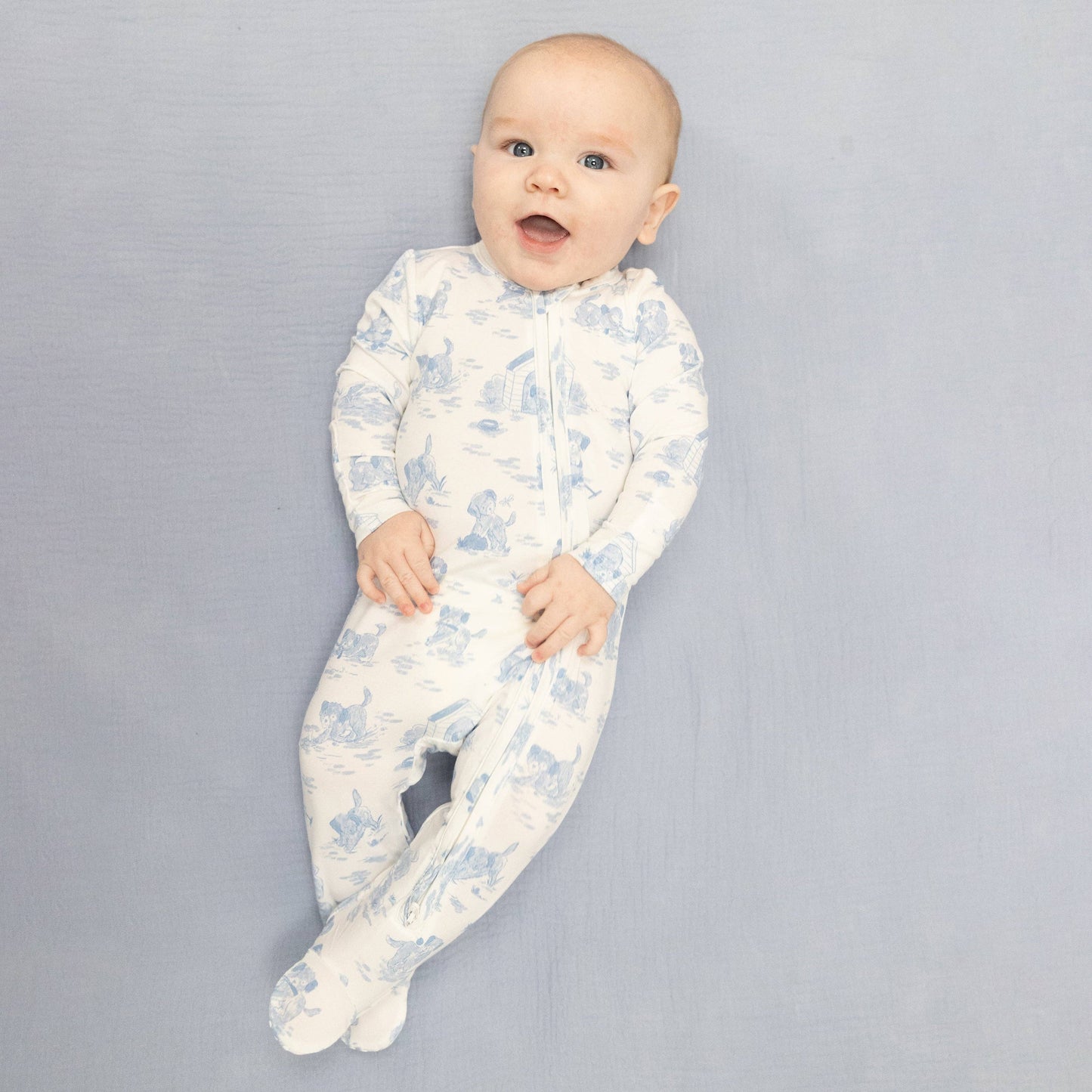 Puppy Toile Blue - 2 Way Zipper Footie