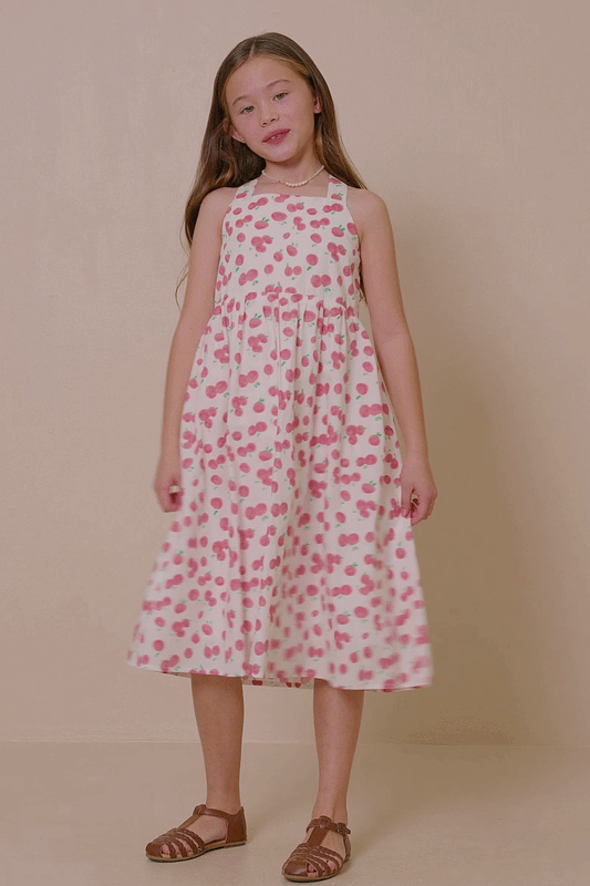 Girls Cherry Print Poplin Cross Back Dress: Pink