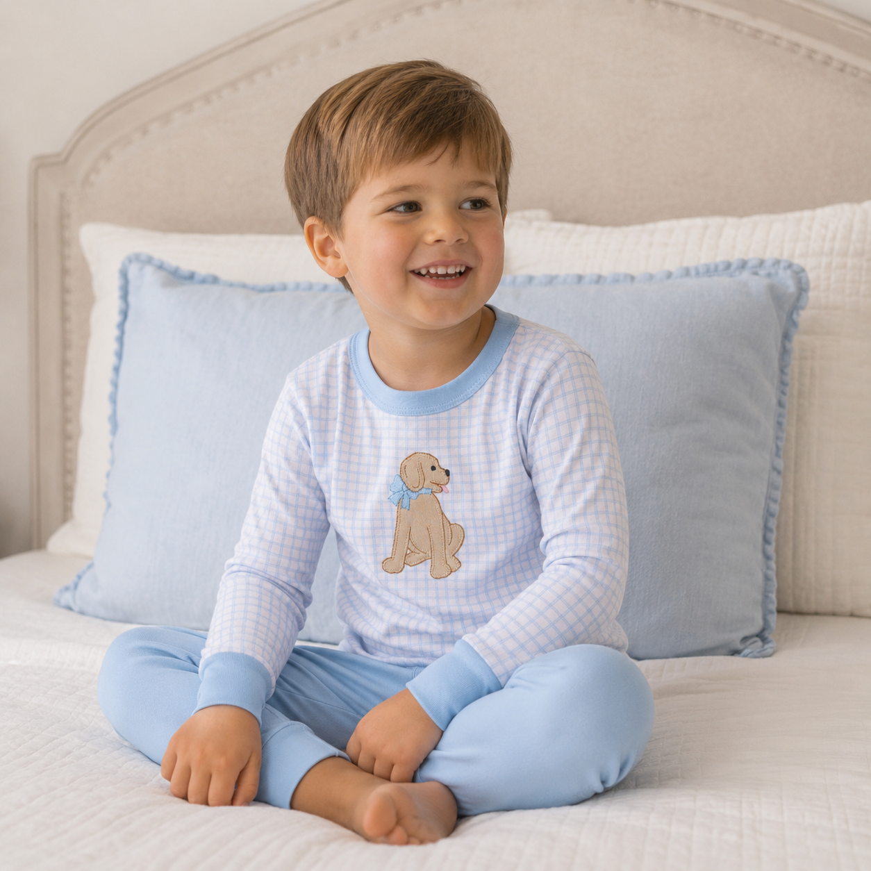 Puppy Playtime Applique Long Pajamas - Light Blue