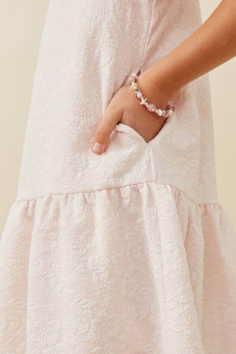 Girls Floral Textured Cap Sleeve Dress: Pink