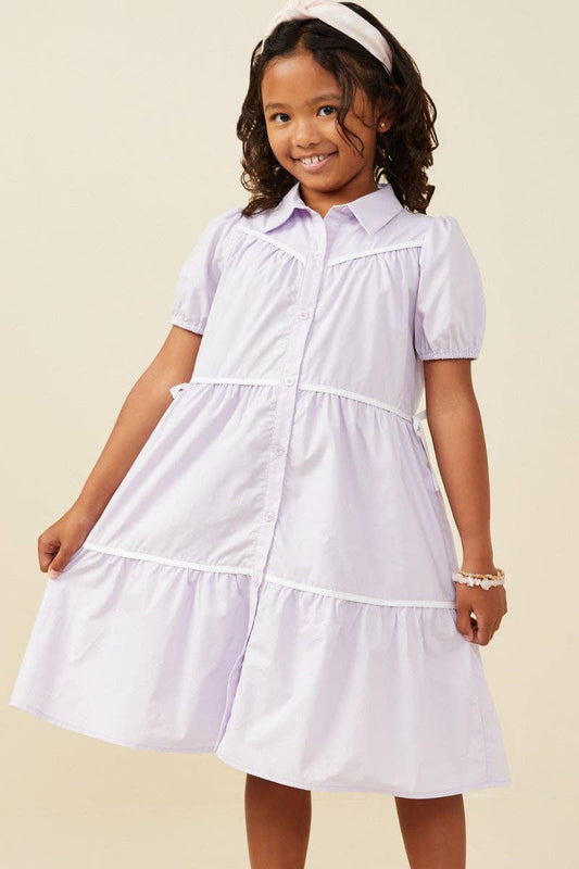 Girls Contrast Piping Ribbon Buttoned Dress