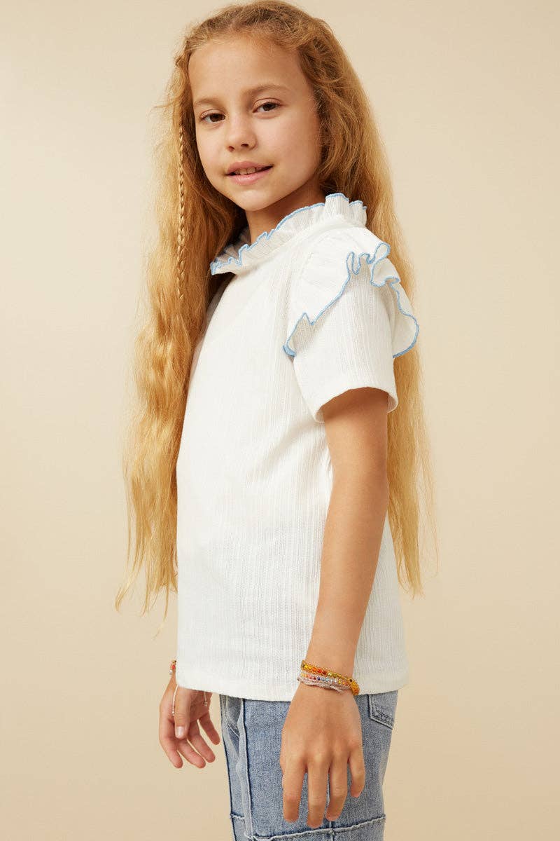 Girls Contrast Tipped Ruffled Ribbed Knit Top-Off White