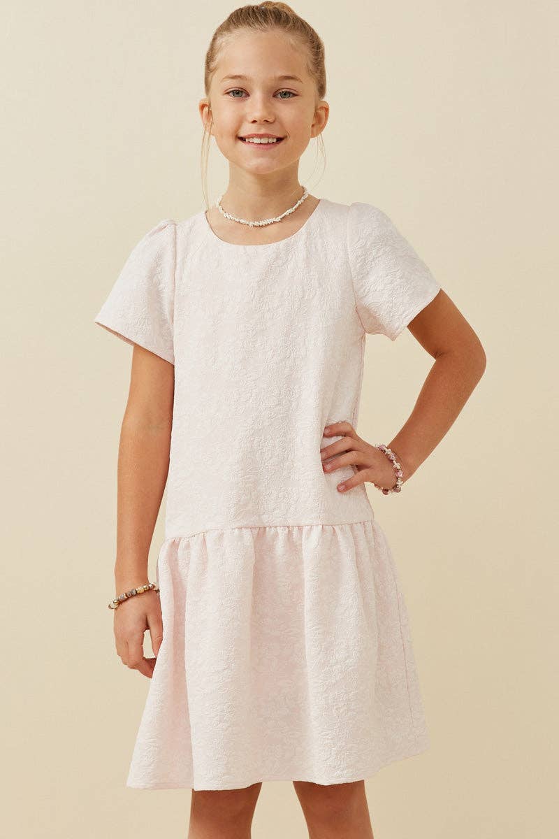 Girls Floral Textured Cap Sleeve Dress: Pink