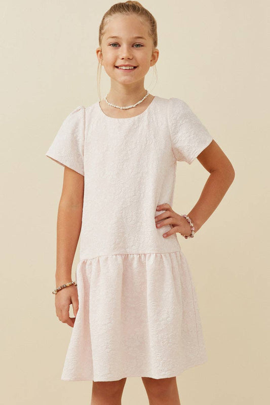 Girls Floral Textured Cap Sleeve Dress: Pink