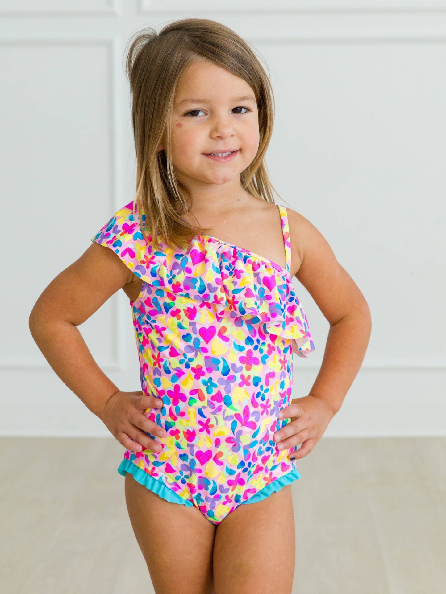 Girls Vibrant Neon One Shoulder One Piece Swimsuit