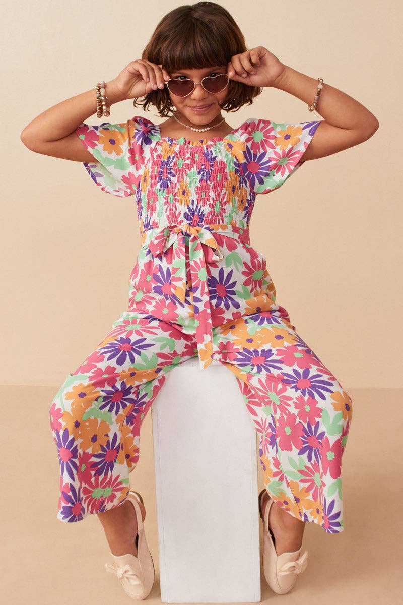 Girls Vivid Floral Self Belt Smocked Jumpsuit