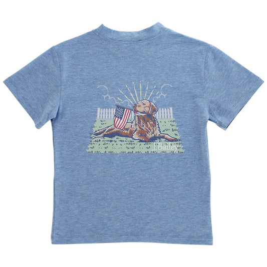Retriever on Heathered Blue Tee
