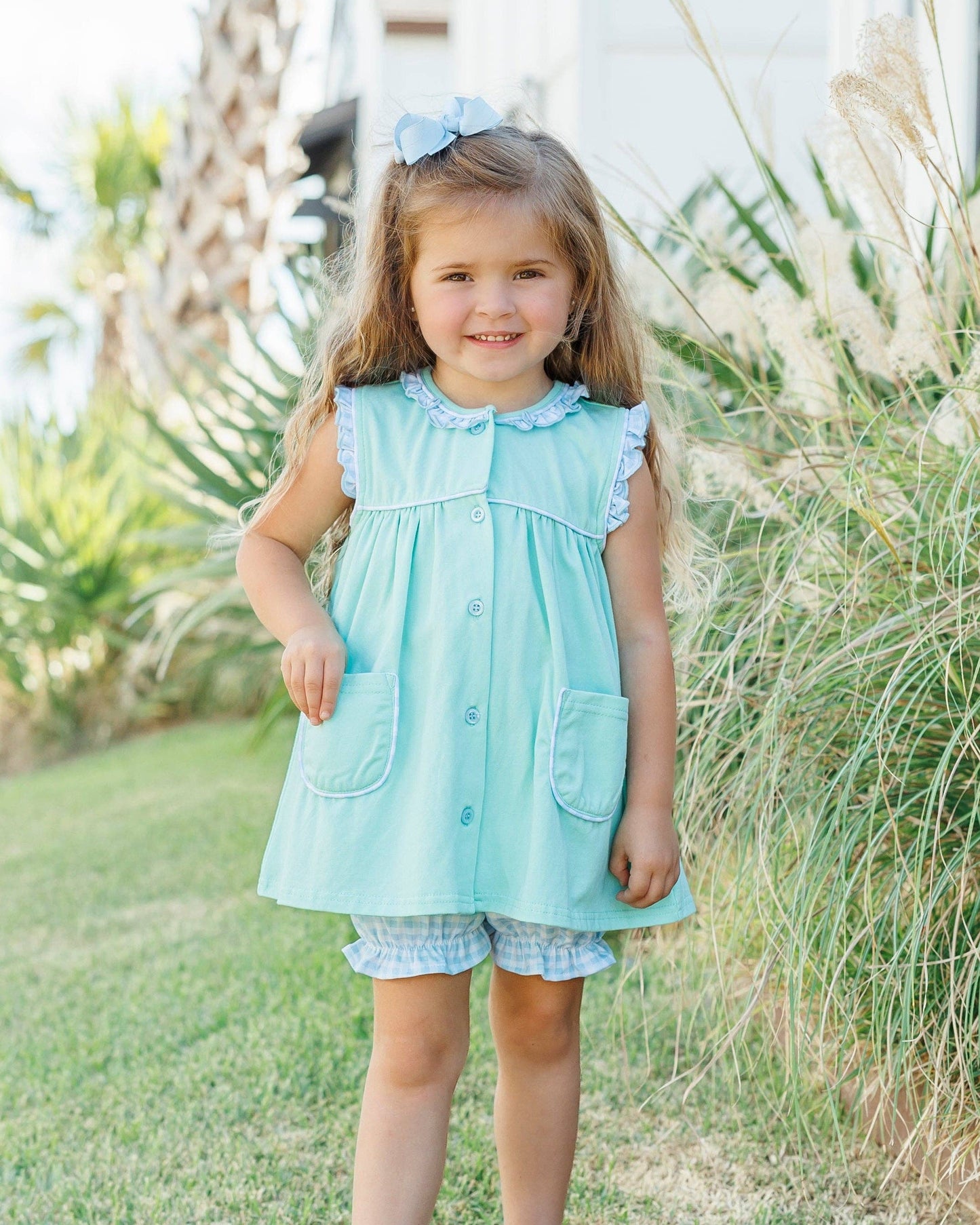 Harper Bloomer Set-Mint w/ Light Blue Gingham