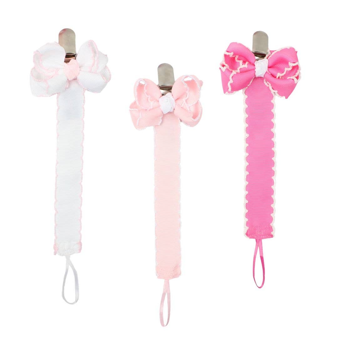 Crochet Edge Grosgrain Pacifier Clip w/ Detachable Bow: White w/ Millennium Blue Crochet Edge