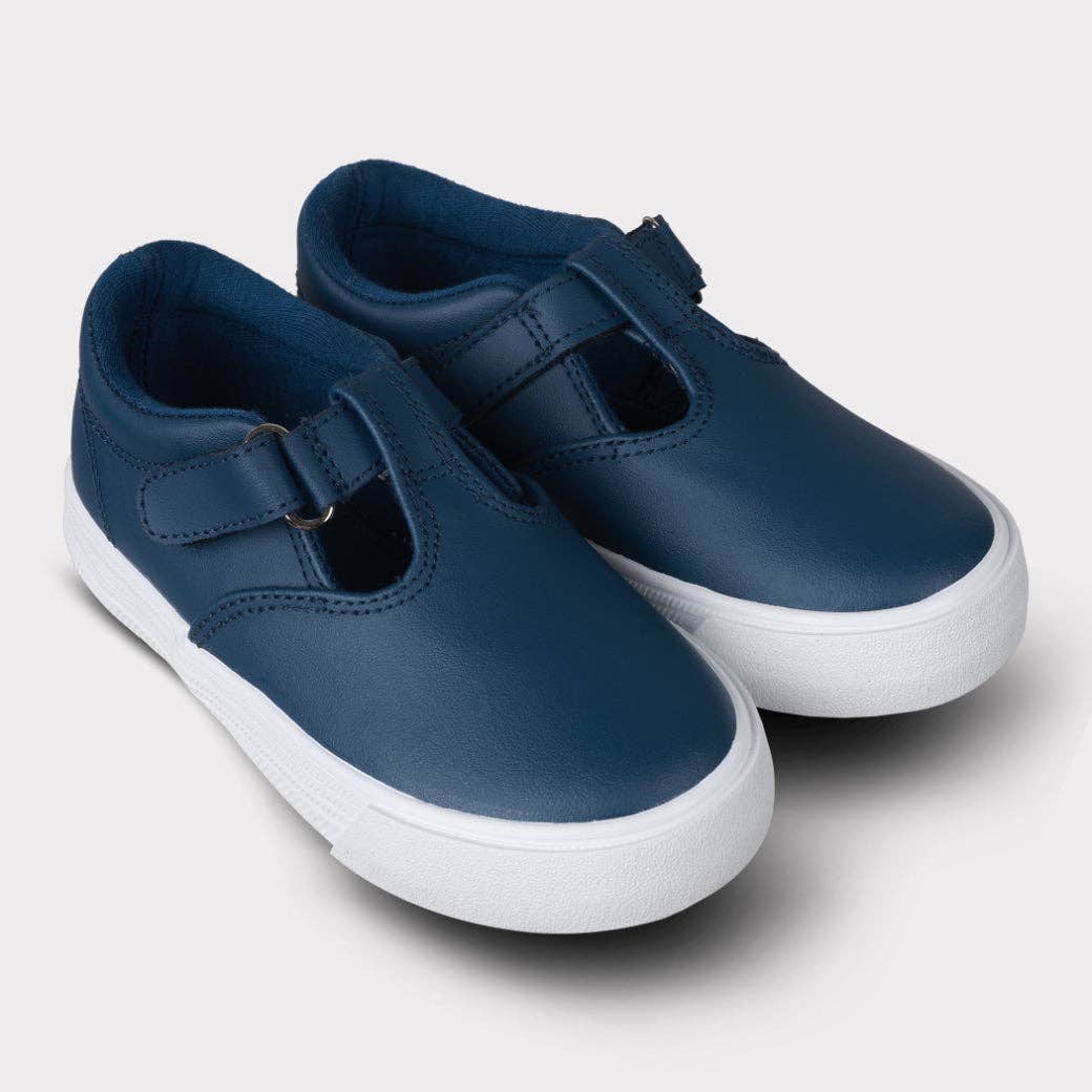 Khloe Girls T-Strap Hook & Loop Shoe: Navy Leather