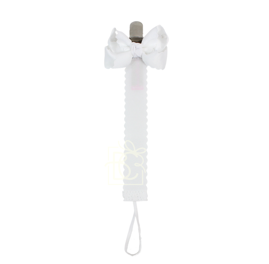 Scalloped Grosgrain Pacifier Clip w/ Detachable Bow: White