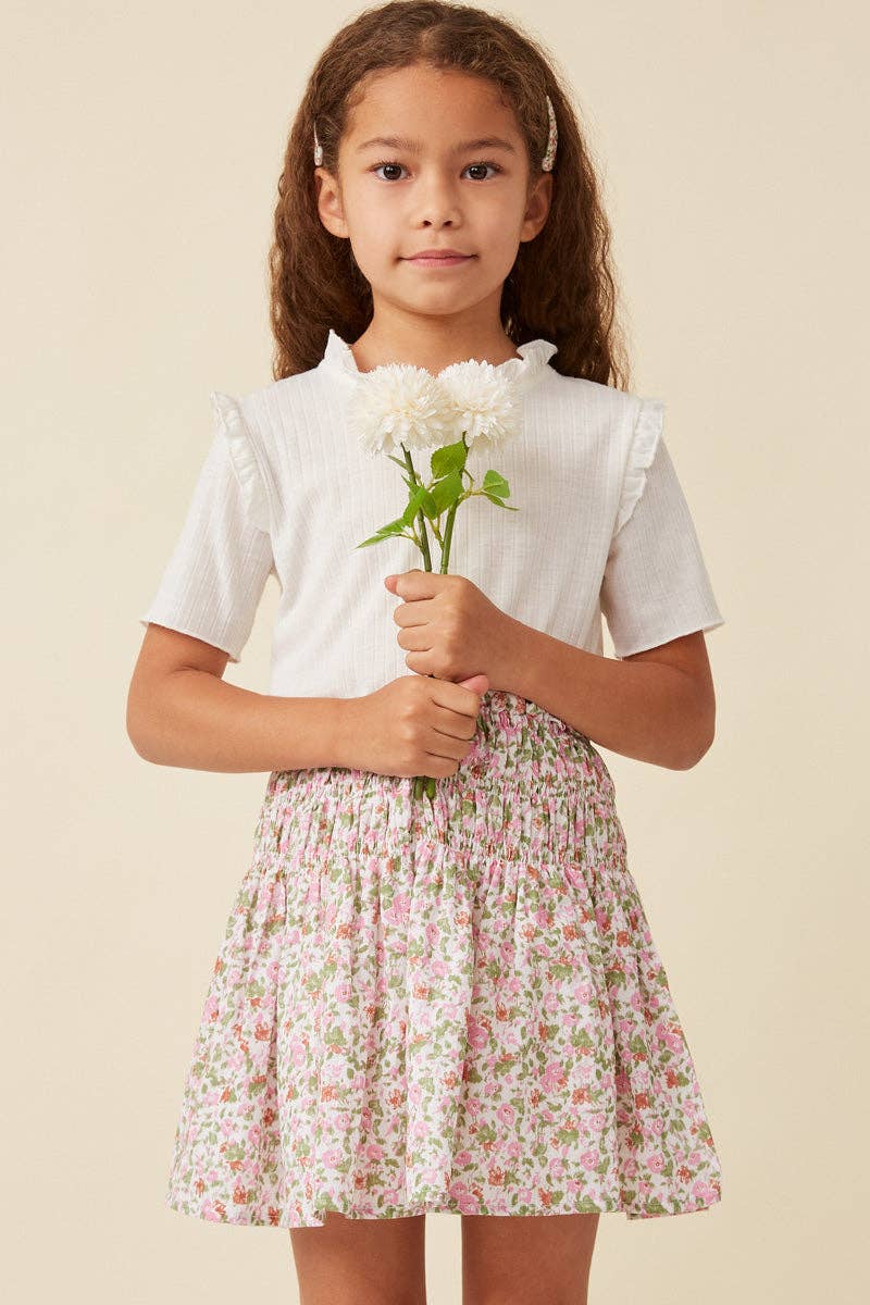 Girls Ditsy Floral Elastic Detailed Skirt: Pink