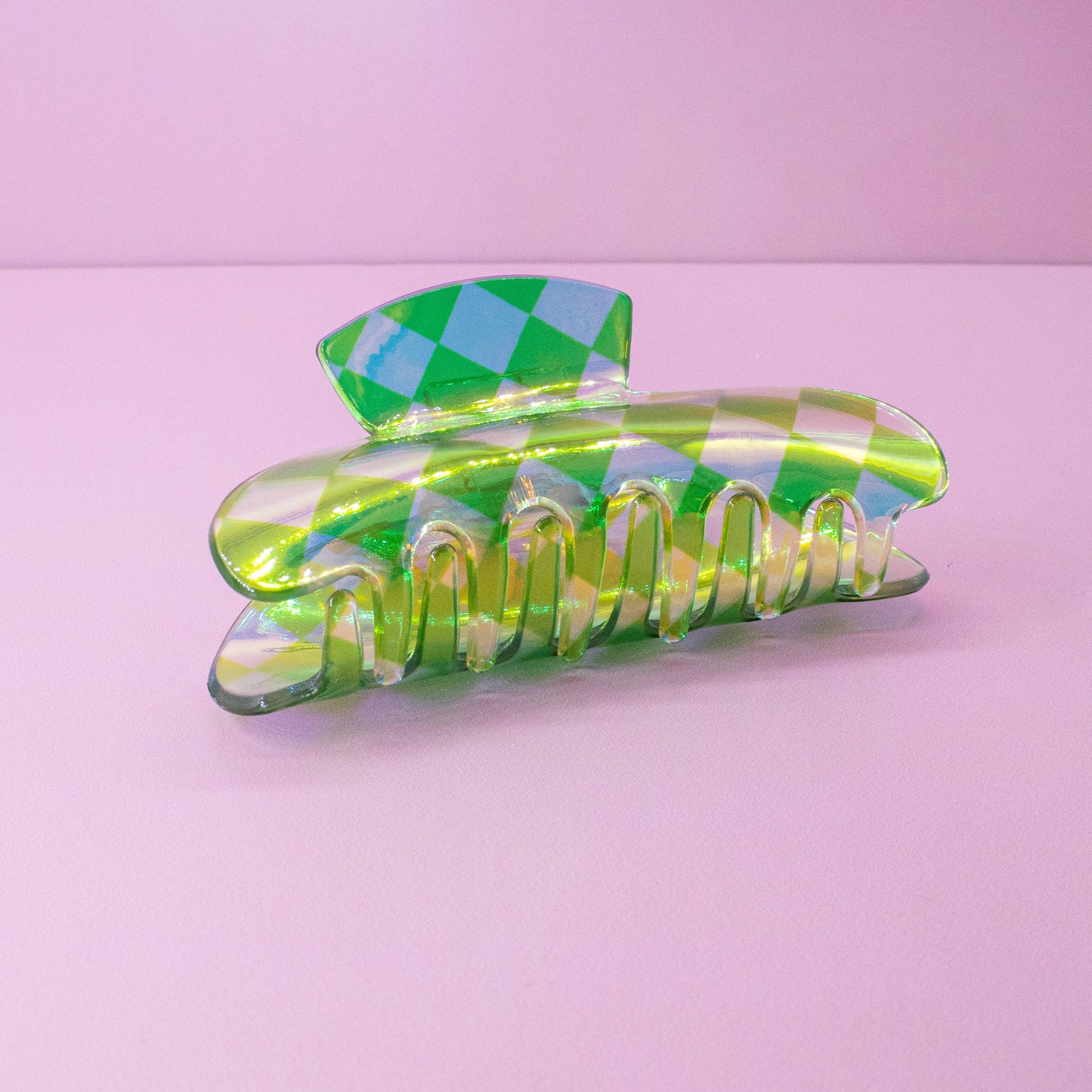 Medium Round Iridescent Checkered Hair Claw Clip: Pink