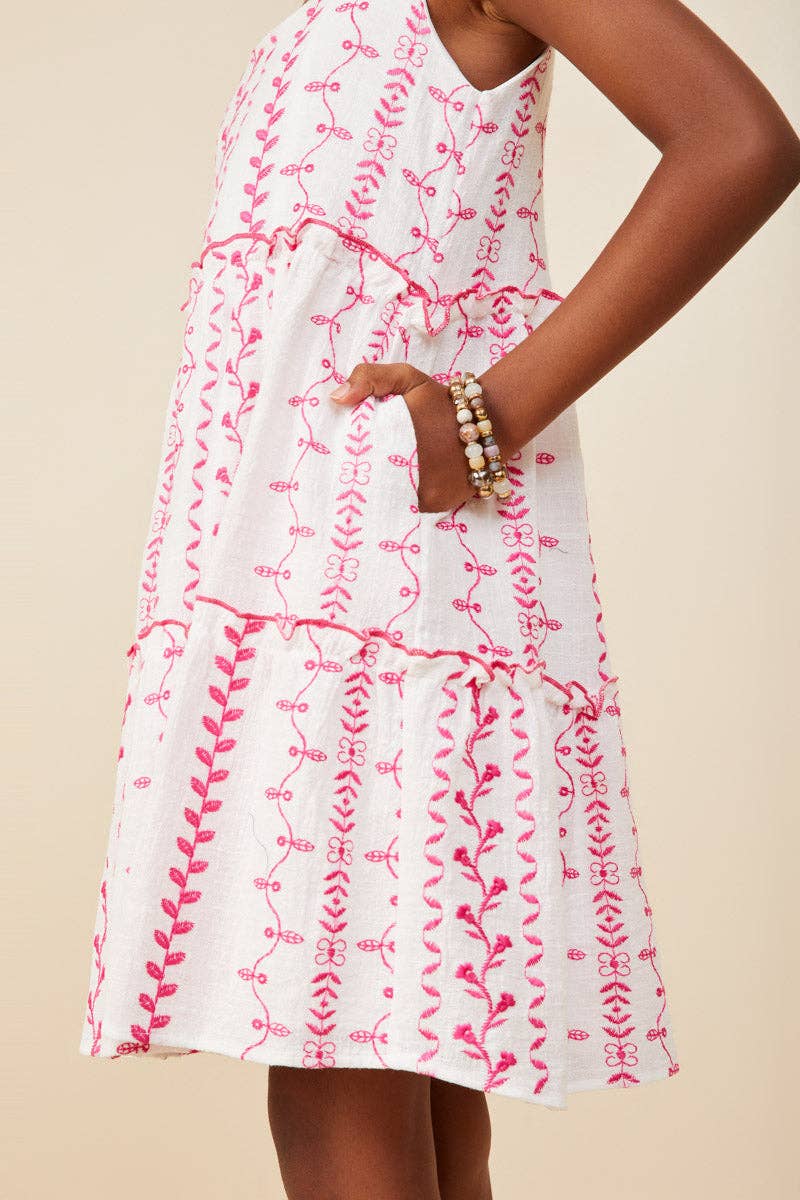 Girls Botanical Embroidered Ruffle Tiered Tank Dress: Pink