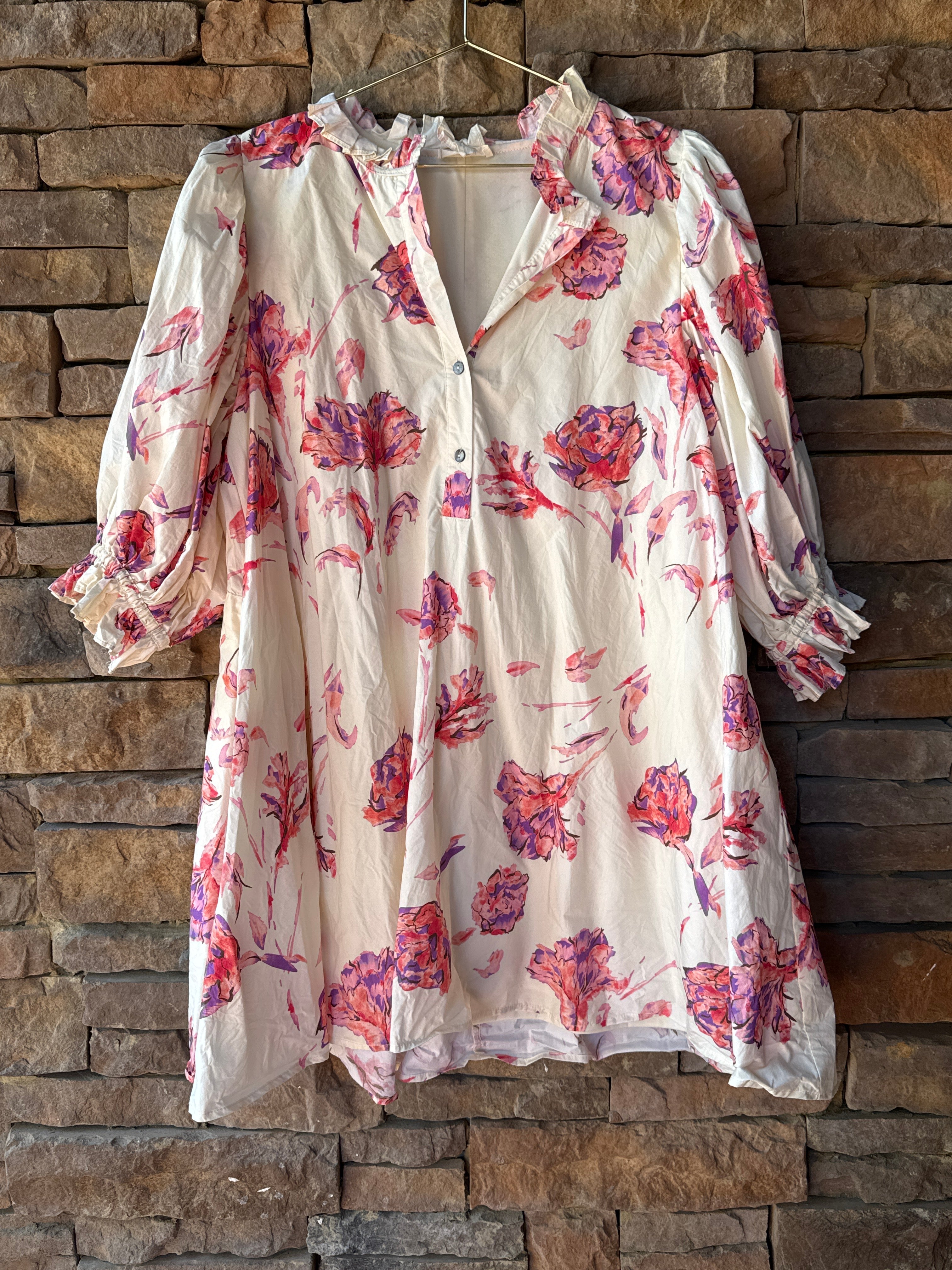 Entro White and Pink Floral Mini Dress L