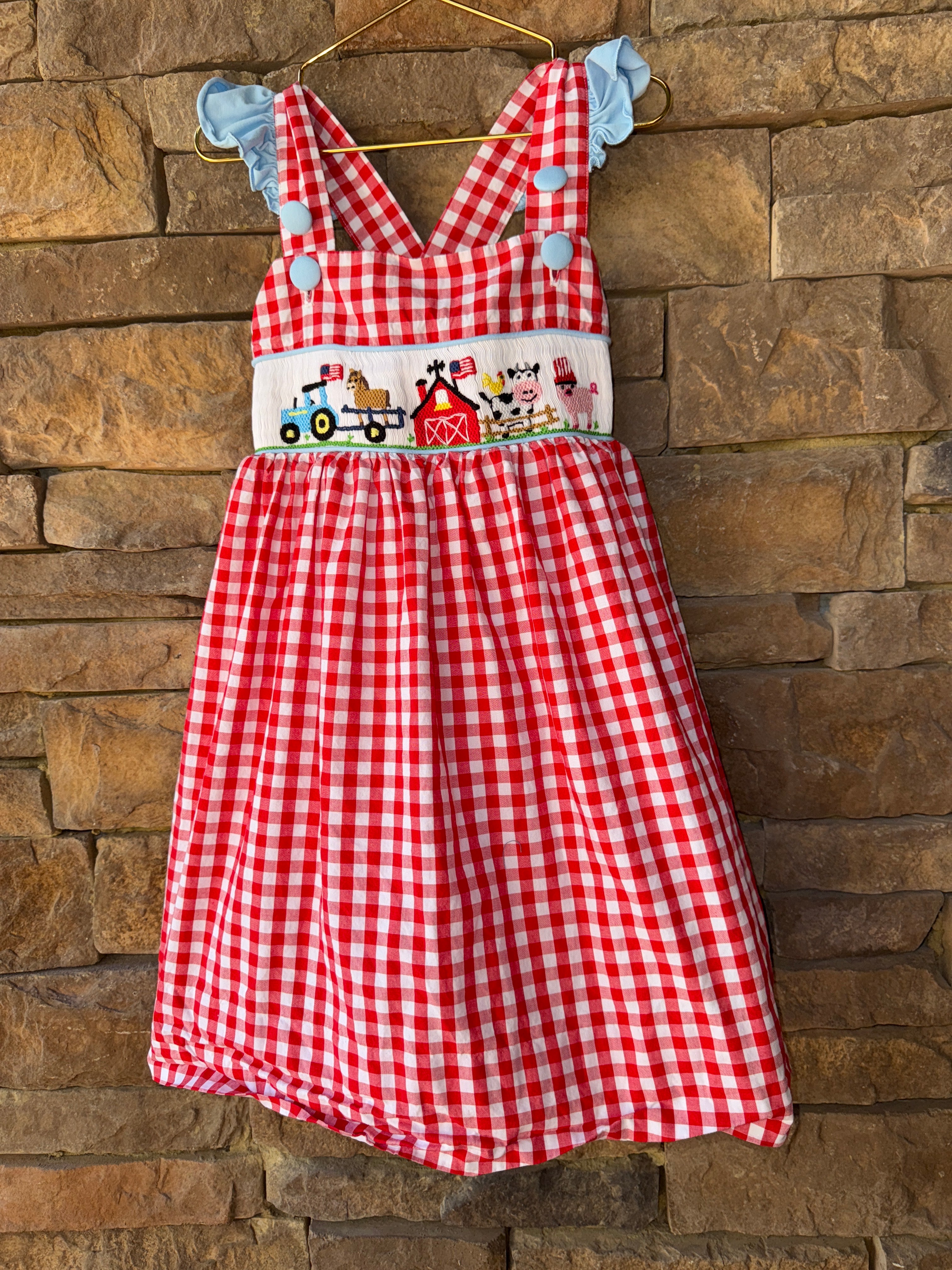 Busy Bee Farm Smock Red Gingham Dress 7