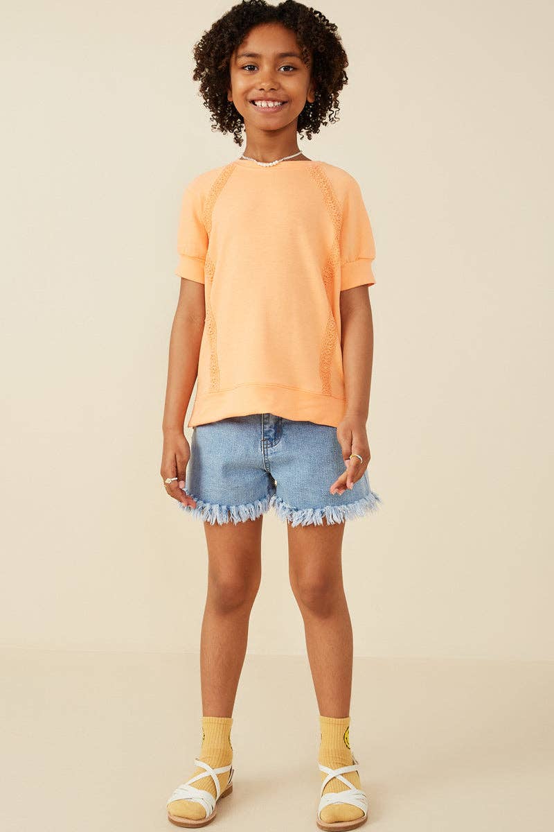 Girls Crochet Lace Trimmed French Terry Raglan Top: Peach