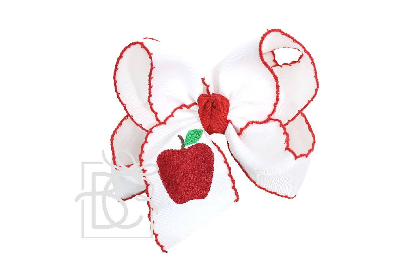 Embroidered Apple on Crochet Edge Bow: 4.5" Large