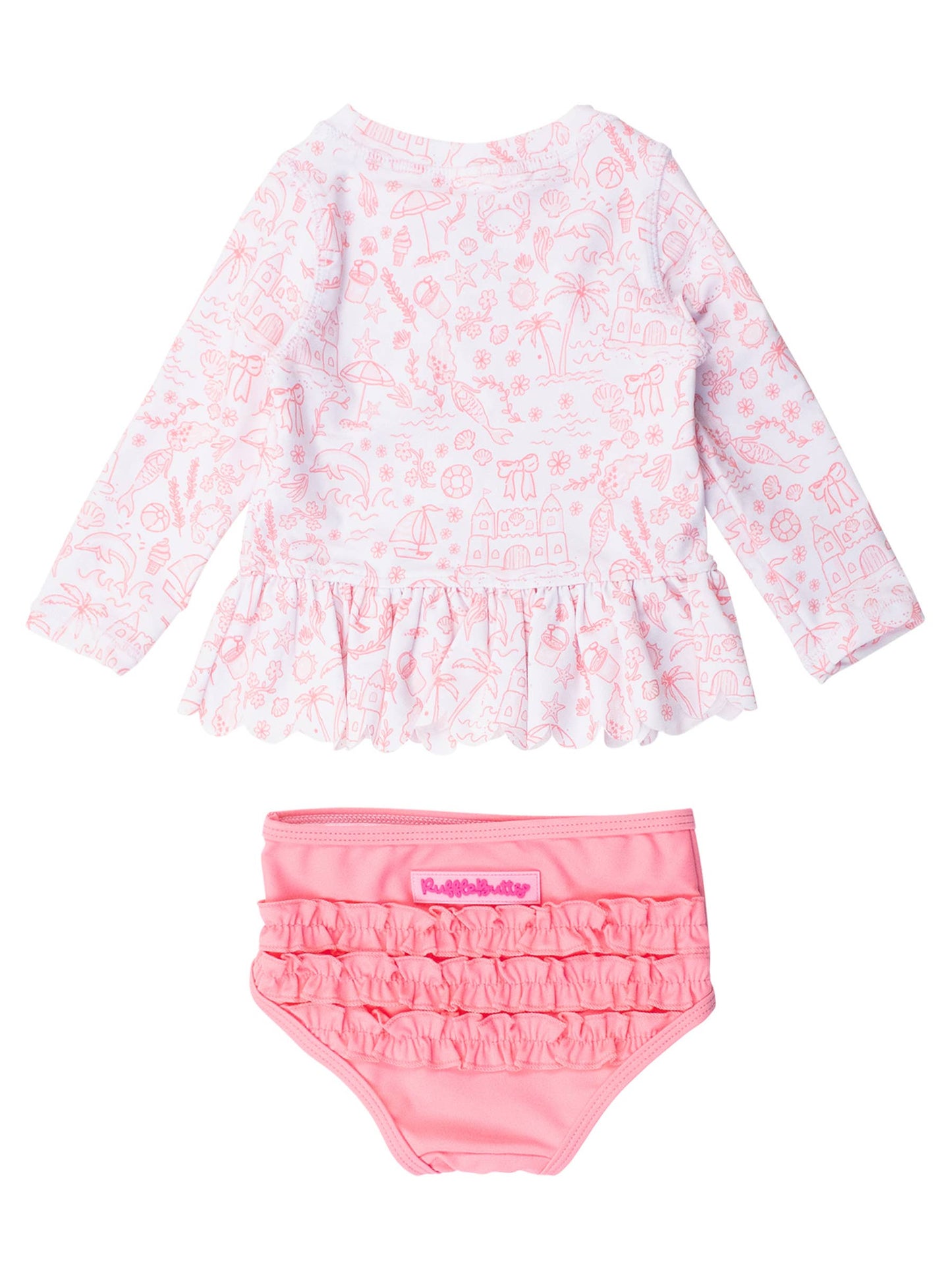 Girls By the Seaside Scallop Hem Long Sleeve Rash Guard 2-Piece Swimsuit with Signature Rear Ruffles
