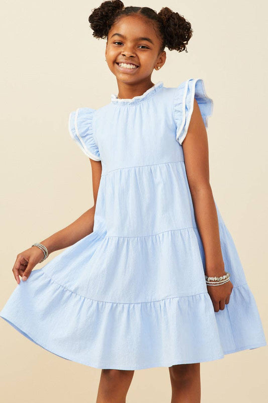 Girls Blue Piped Ruffle Detail Dress