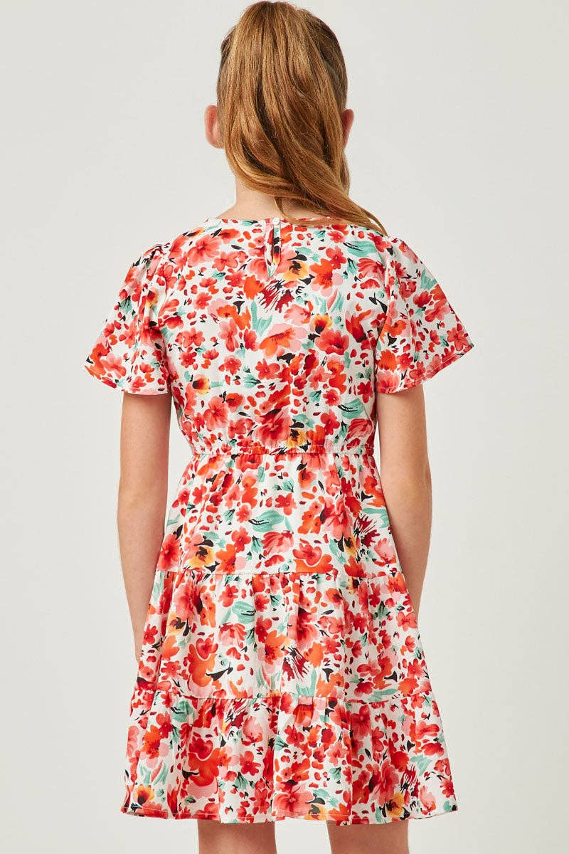 Girls Floral Smocked V Neck Short Sleeve Dress