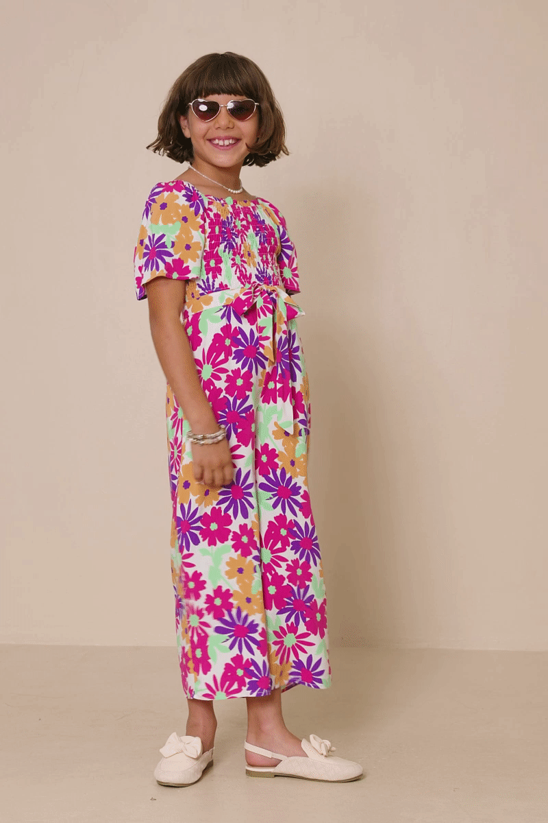 Girls Vivid Floral Self Belt Smocked Jumpsuit