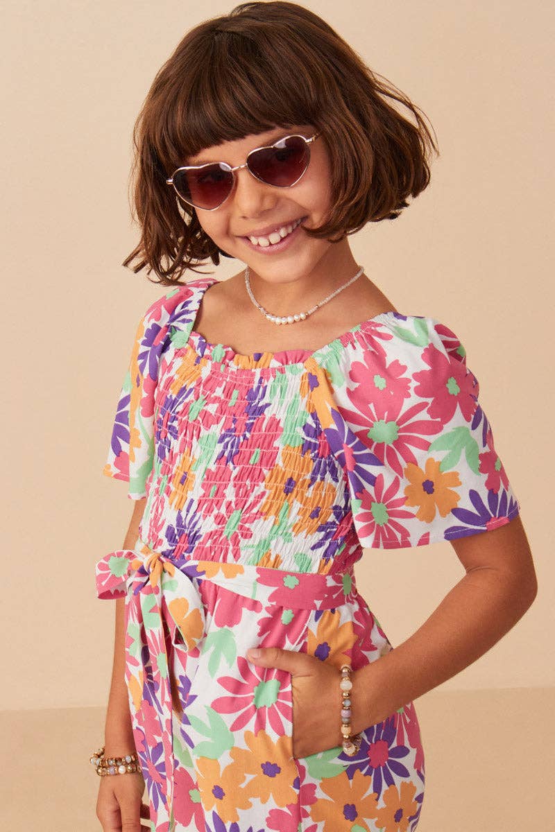 Girls Vivid Floral Self Belt Smocked Jumpsuit