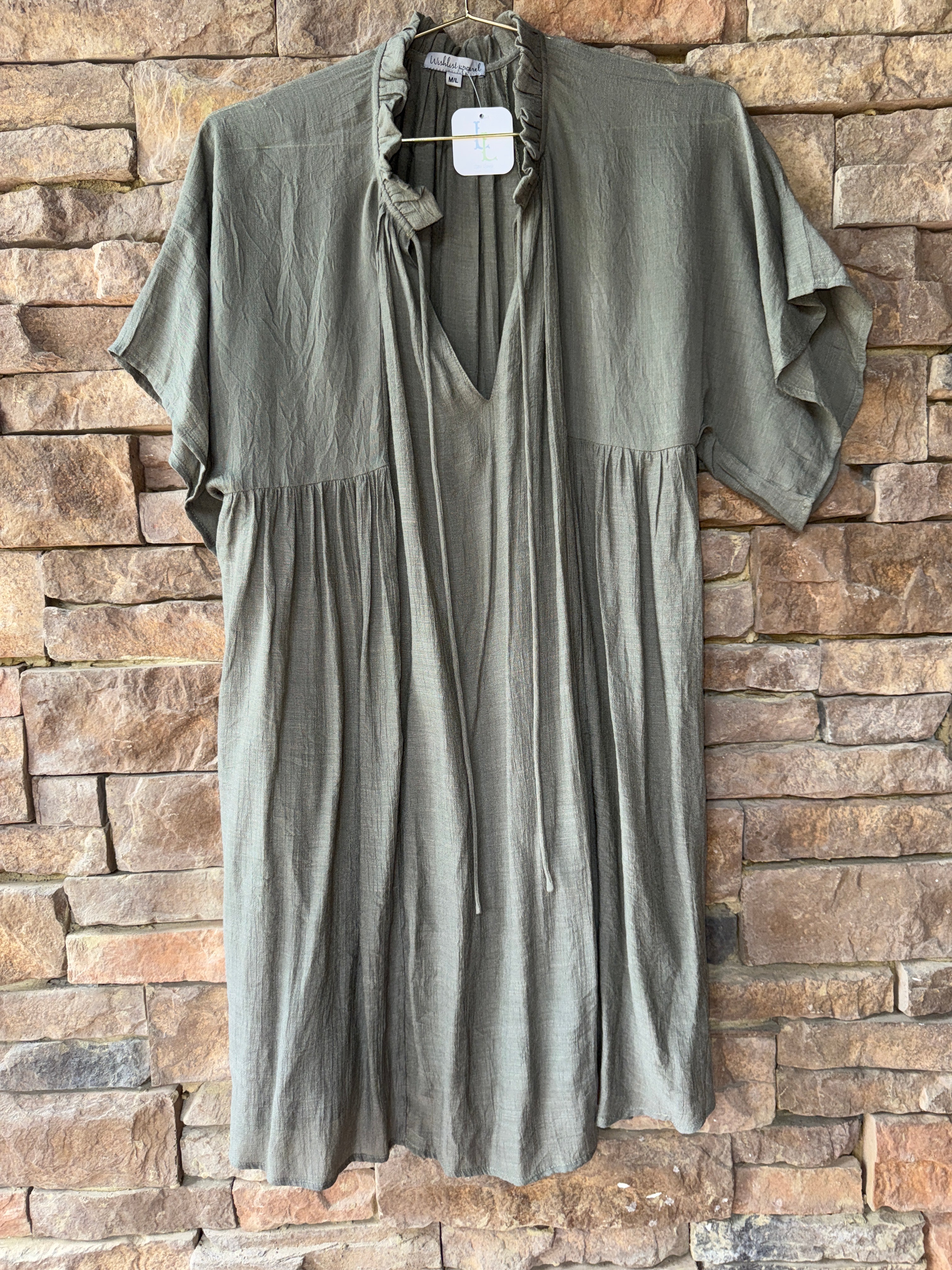 Ruffle Collar Olive Green Dress M/L