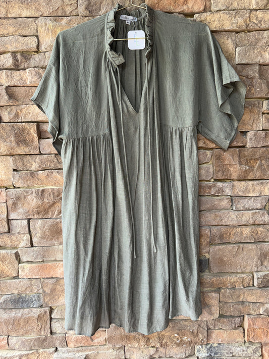 Ruffle Collar Olive Green Dress M/L