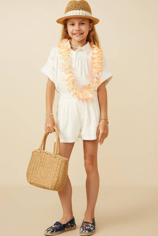 Girls Pleated Detail Button Front Shorts: Off White