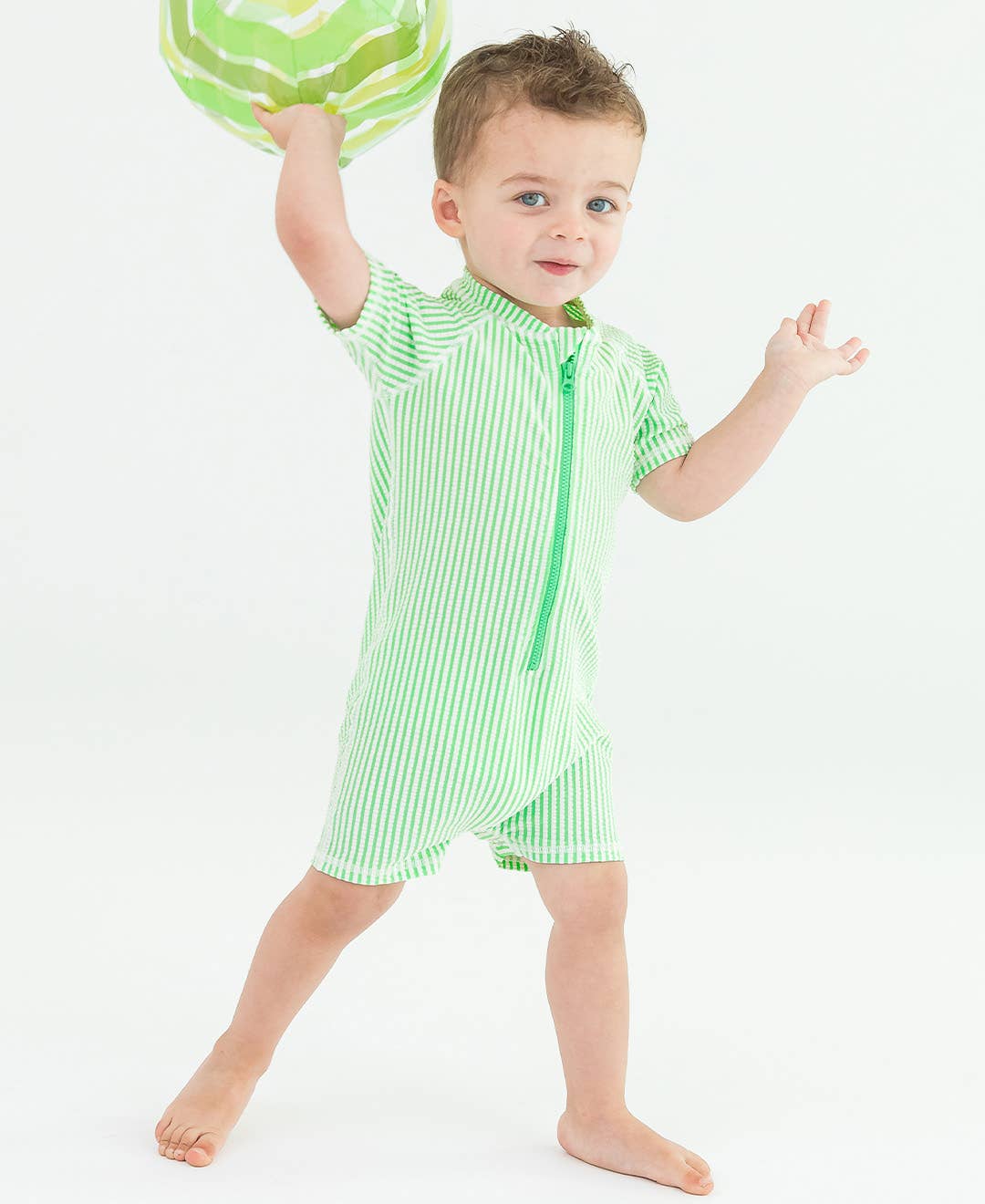 Spring Green Seersucker Short Sleeve One Piece Rash Guard Swimsuit