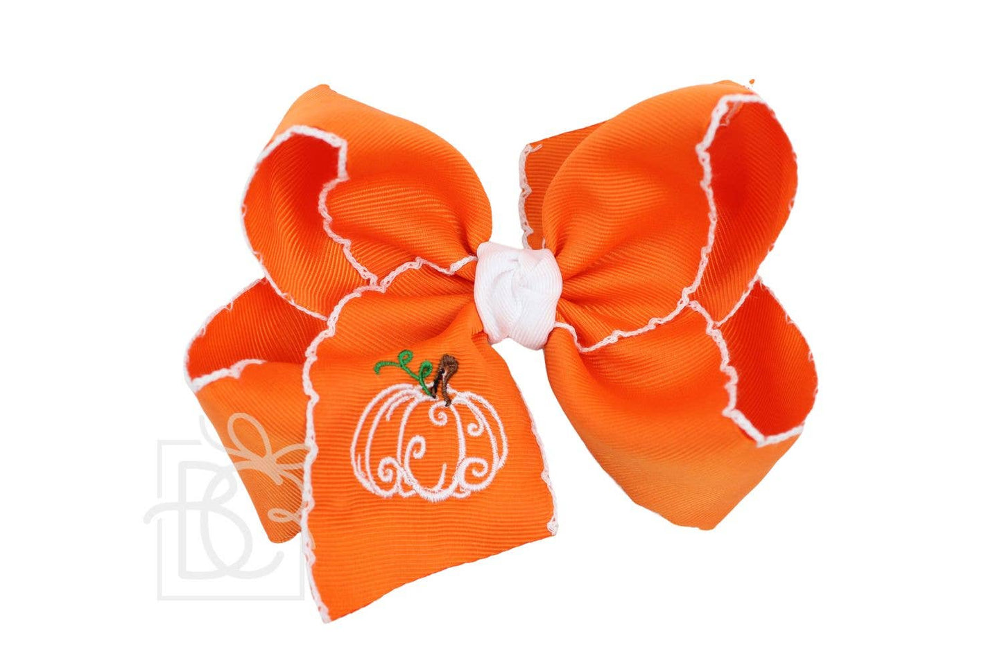 Embroidered Pumpkin Crochet Edge Bow: White-Light Pink Crochet Edge w/ Embroidered Pumpkin / 4.5" Large - 1.5" Crochet Edge Grosgrain Ribbon