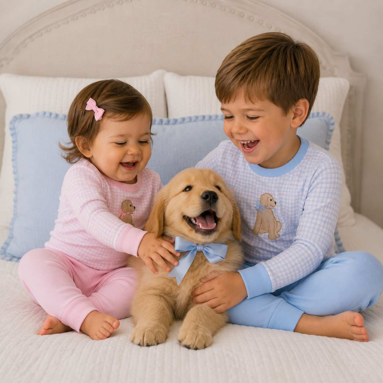 Puppy Playtime Applique Long Pajamas - Light Blue